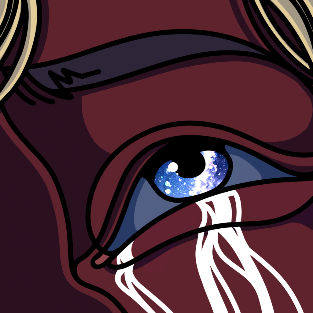 Illustration of an eye in extreme closeup. Strands of blond hair are visible in the edges of the image, and the eye is crying.