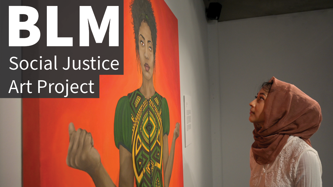  Thumbnail of the documentary showing artist Faria Firoz looking at her painting of a Black woman standing strong against a vibrant orange background.
