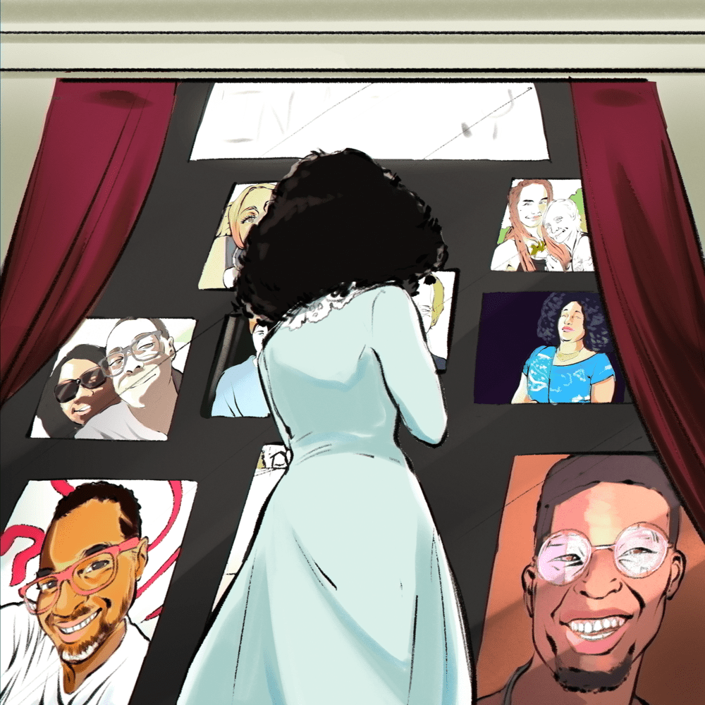 A panel from Our Charmed Circle, showing a young Black woman looking up at a wall of portraits