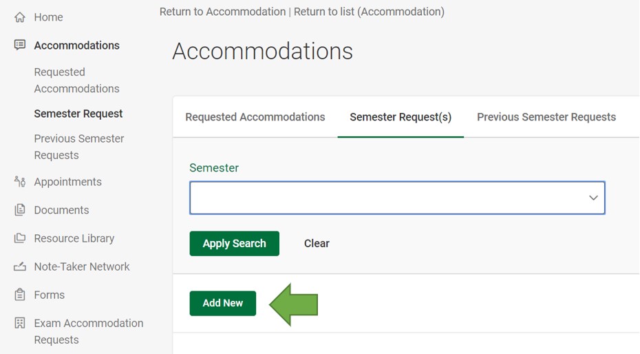 Click the 'Add new' button at the bottom of the Semester requests screen.
