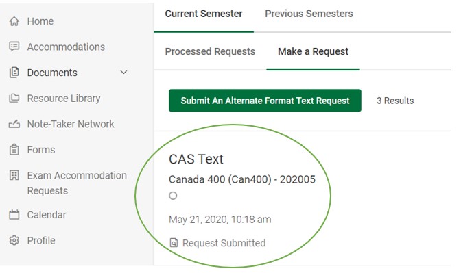 Screenshot showing the submitted text request and its 'request submitted' status.