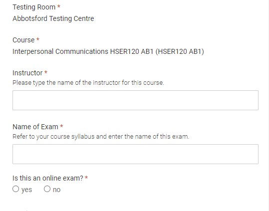 Screenshot showing Instructor and name of exam text fields, followed by a yes/no toggle for online exams.