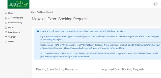 Screenshot of Accommodate - Exam Booking is an option in the menu