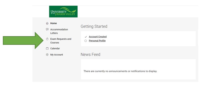 A screenshot showing the 'Exam requests and courses' link in the Accommodate navigation menu.
