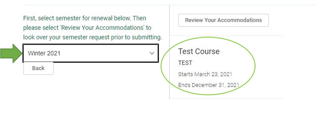 Screenshot shows a drop-down selector that allows you to choose the semester. Once you do that, your current courses will appear to the right of the screen.