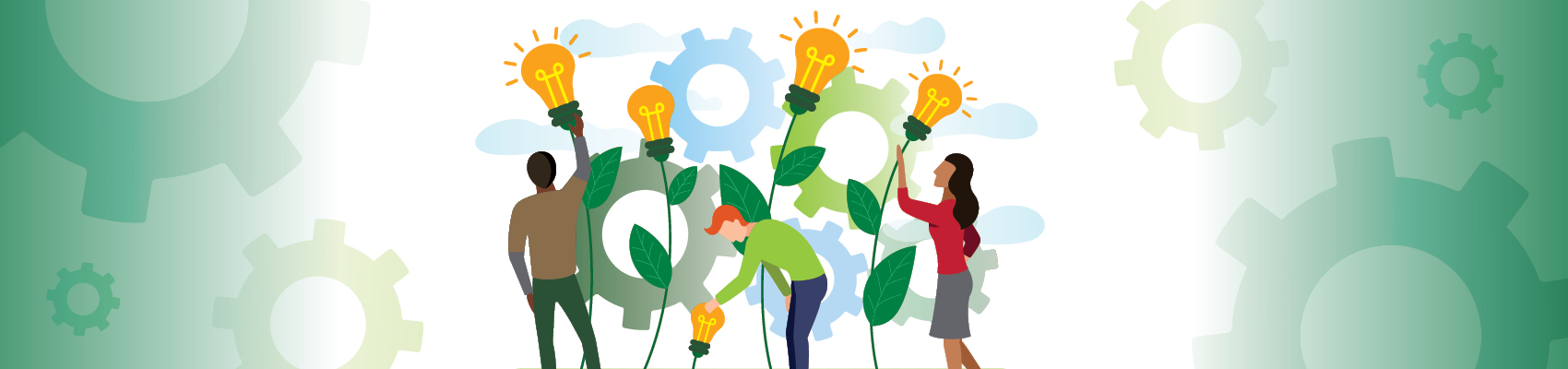 Team of innovators tending a garden of idea 'light bulbs'
