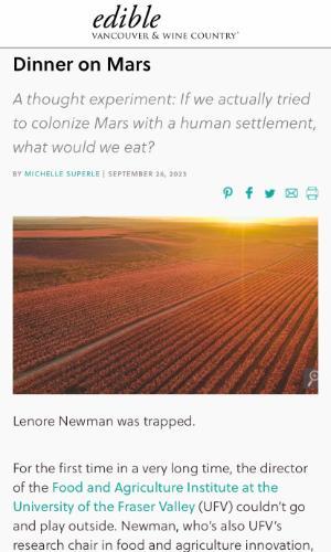 Edible Magazine article 'Dinner on Mars', featuring Lenore Newman, September 26, 2023
