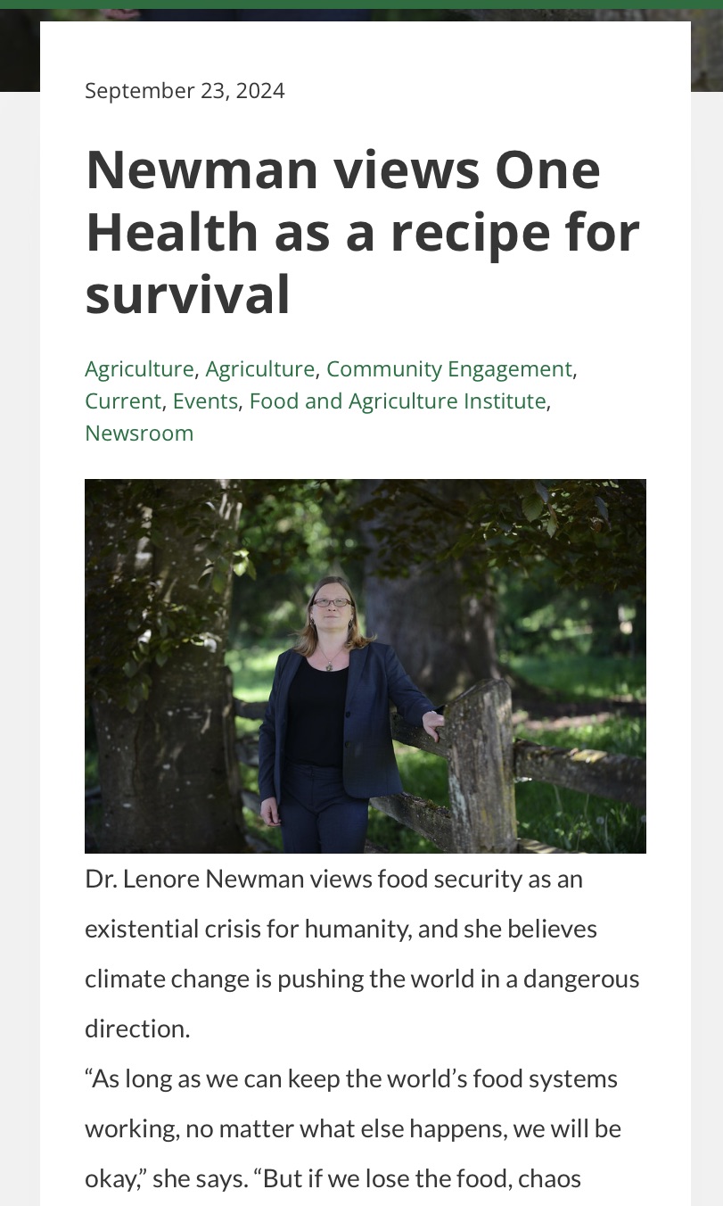 UFV Today article entitled Newman views One Health as a recipe for survival, published September 23, 2024