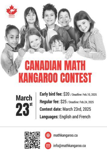 A group of seven children posing for the Canadian Math Kangaroo Contest 2025 flyer. Contest date: March 23rd, 2025. Early bird and regular fees with deadlines are listed. Contact info shown.