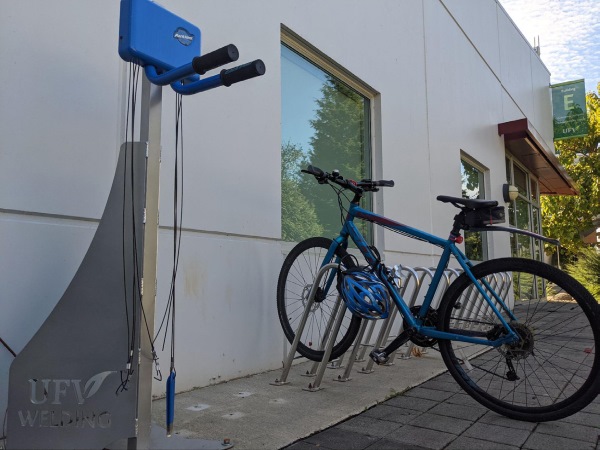 A bike locked in the UFV bike rack