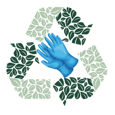 Blue disposable gloves surrounded by a green recycling symbol