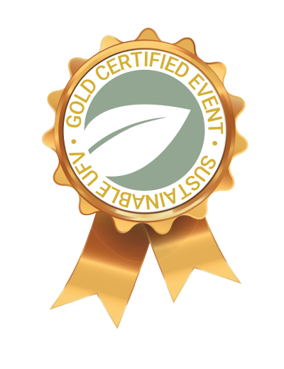 A gold seal with the words 'Gold certified event / Sustainable UFV'