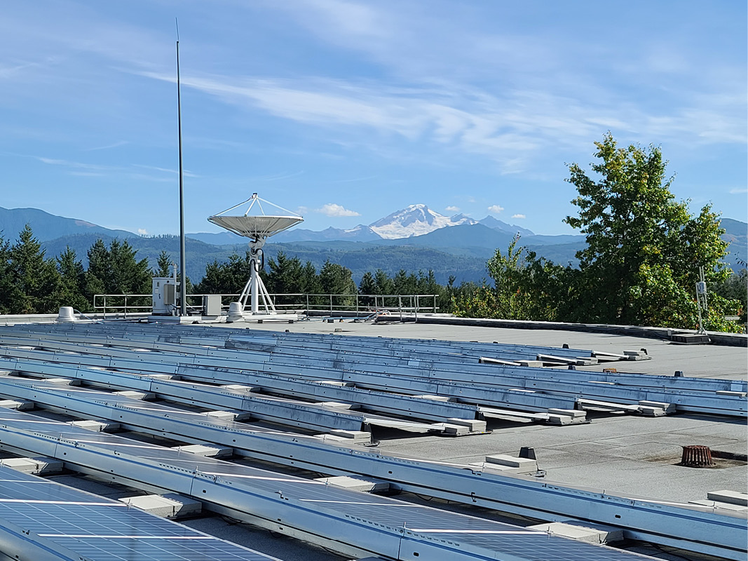 A campus roof covered in solar panels