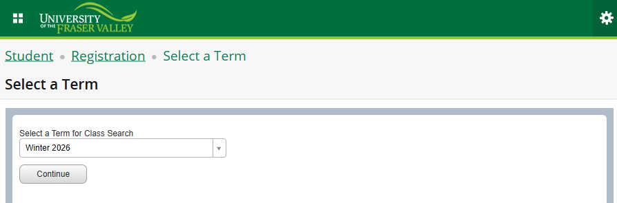 The browse courses screen in Banner with the Winter 2026 semester selected.