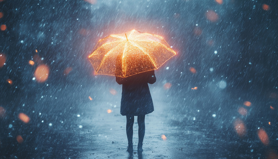 A woman in the rain with an umbrella