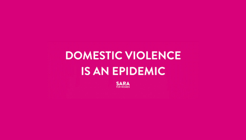 The words Domestic Violence is an Epidemic on a fuschia background