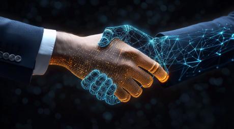 A human hand and blue pixelated with lines artificial hand shaking hands